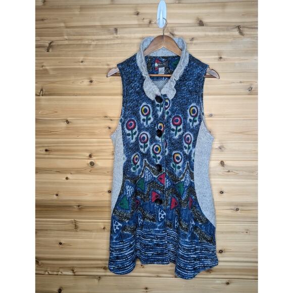 Damee Sweater Womens Large Blue Sleeveless Cardigan Vest Art - Picture 1 of 10